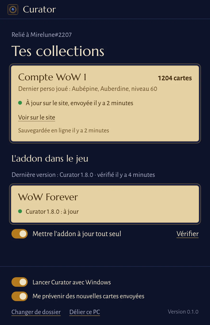 L'appli Curator : la collection reliée au site, l'addon à jour dans WoW Forever.